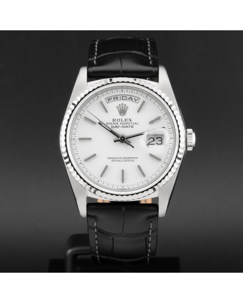 Rolex Day-Date 36 18239B, White Gold, White Index Dial, Leather Strap, Renewed 