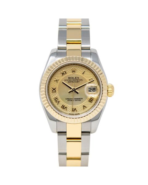 Rolex Lady-Datejust 179173 Wristwatch, Oyster Bracelet, Decorated Mother of Pearl Roman Dial, Fluted Bezel