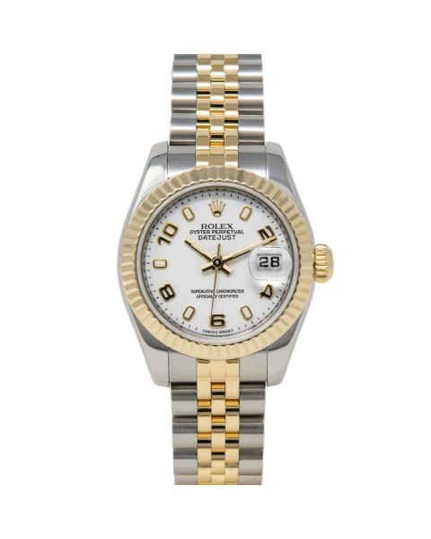 Rolex Lady-Datejust 179173 Wristwatch, Jubilee Bracelet, White Index/Arabic Dial, Fluted Bezel