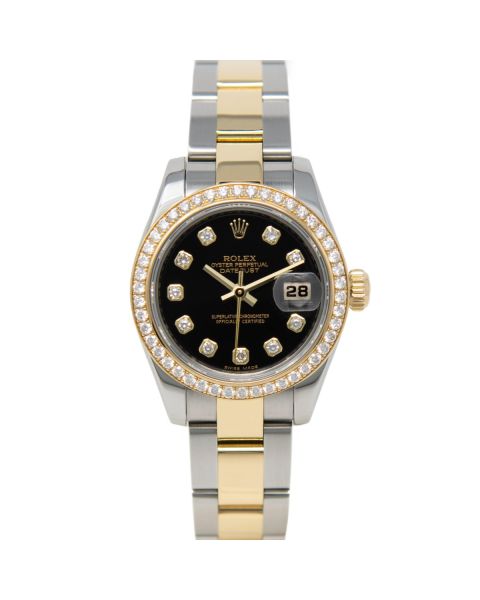 Rolex Lady-Datejust 179383 Wristwatch, Oyster Bracelet, Black Diamond Dial, Diamond Bezel