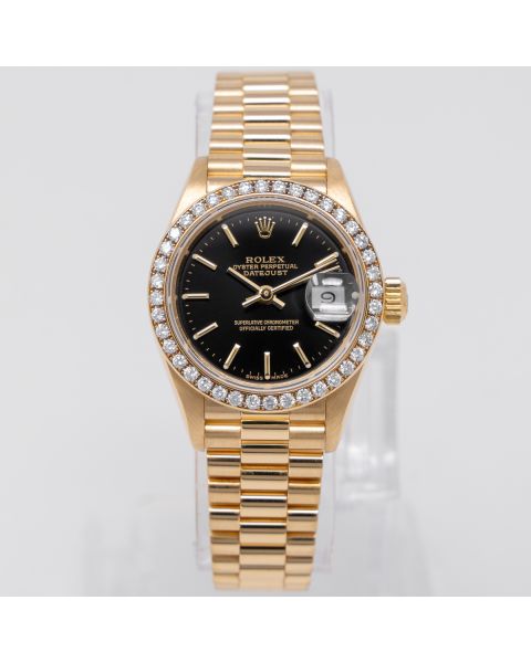 Rolex Lady-Datejust 26 69138 Wristwatch, Black Dial, Diamond Bezel, President Bracelet