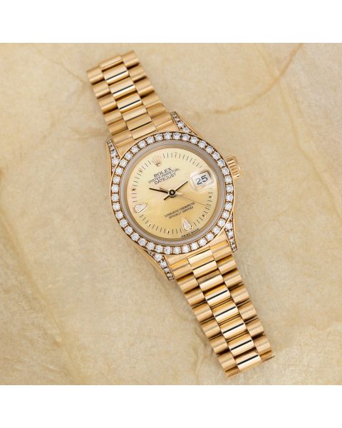 Rolex Lady-Datejust 26 69158, Yellow Gold, Yellow Mother of Pearl Teardrop Diamond Dial, President Bracelet
