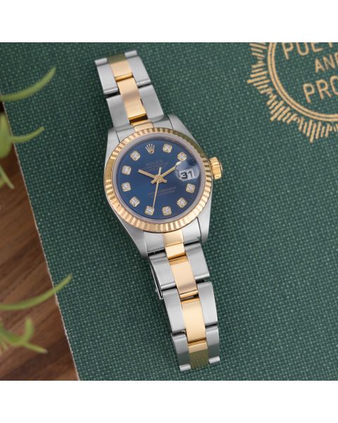 Rolex Lady-Datejust 26, 79173, Steel & Gold, Blue Diamond Dial, Oyster Bracelet, Renewed