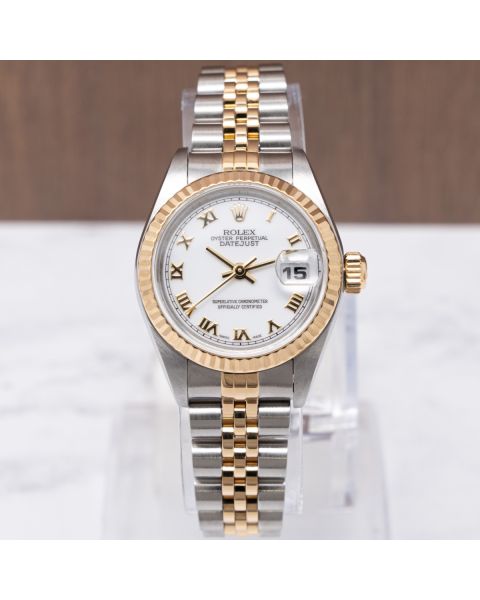 Rolex Lady-Datejust 26 79173 Wristwatch, White Roman Dial, Fluted Bezel, Jubilee Bracelet