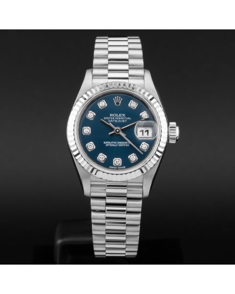 Rolex Lady-Datejust 26, 79179, White Gold, Blue Diamond Dial, President Bracelet, Renewed