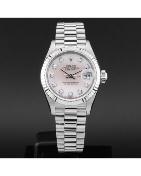 Rolex Lady-Datejust 26, 79179, White Gold, Mother of Pearl Diamond Dial, President Bracelet, Renewed
