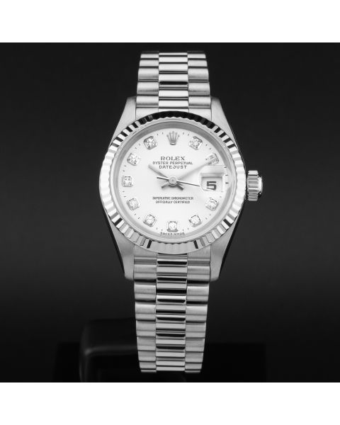 Rolex Lady-Datejust 26, 79179, White Gold, Silver Diamond Dial, President Bracelet, Renewed
