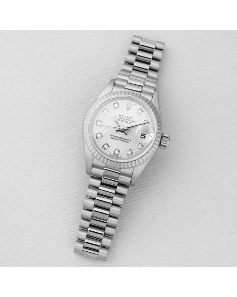 Rolex Lady-Datejust 26, 79179, White Gold, Silver Diamond Dial, President Bracelet, Renewed