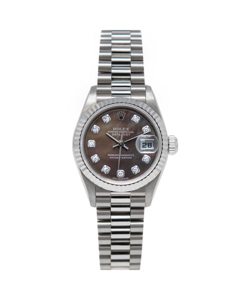 Rolex Lady Datejust 26 79179 Wristwatch, President Bracelet, Black Mother of Pearl Diamond, Fluted Bezel