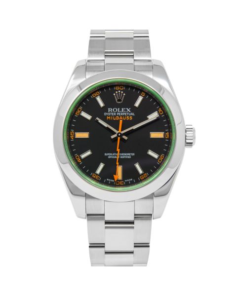 Rolex Milgauss 116400GV Wristwatch, Oyster Bracelet, Black Dial, Green Crystal, Smooth Bezel