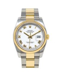 Rolex Datejust 36 116233 Wristwatch, Oyster Bracelet, White Roman Dial, Fluted Bezel