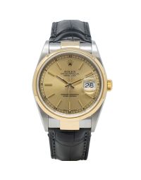 Rolex Datejust 36 16203 Wristwatch, Leather Bracelet, Champagne Index Dial, Smooth Bezel