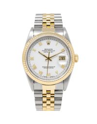 Rolex Datejust 36 16233 Wristwatch, Jubilee Bracelet, White Skinny Roman Dial, Fluted Bezel