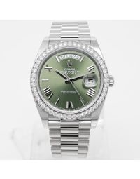 Rolex Day-Date 40 228349RBR Wristwatch, President Bracelet, Olive Green Roman Dial, Diamond Bezel
