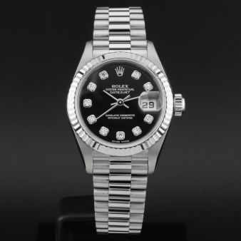 Rolex Lady-Datejust 26, 79179, White Gold, Black Diamond Dial, President Bracelet, Renewed