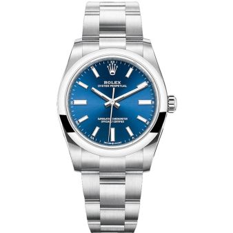 New Rolex Oyster Perpetual 34 124200 Wristwatch, Oyster Bracelet, Bright Blue Dial, Smooth Bezel
