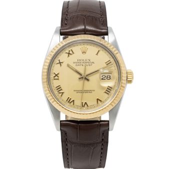 Rolex Datejust 36 16013 Wristwatch, Brown Leather Strap, Champagne Roman Dial, Fluted Bezel
