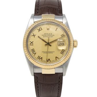 Rolex Datejust 36 16013 Wristwatch, Brown Leather Strap, Champagne Roman Dial, Fluted Bezel