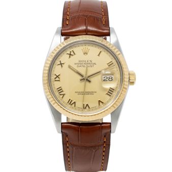 Rolex Datejust 36 16013 Wristwatch, Golden Brown Leather Strap, Champagne Roman Dial, Fluted Bezel