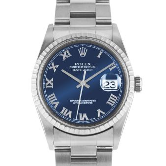 Rolex Men's Datejust 36 16220 Wristwatch, Oyster Bracelet, Blue Roman Dial, Engine-Turn Bezel