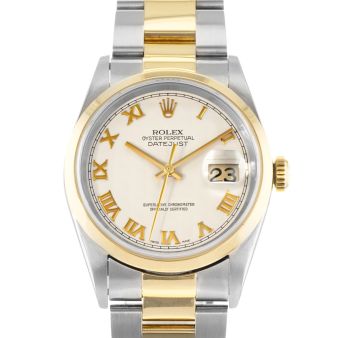 1997 Rolex Datejust 36, 16233, Steel & Gold, Ivory Pyramid Roman Dial, Oyster Bracelet, Box & Papers (Renewed)