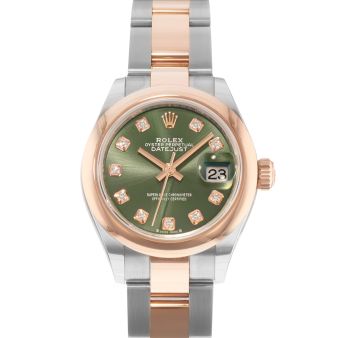 2024 Rolex Lady-Datejust 28, 279161, Steel & Rose Gold, Olive Green Diamond, Oyster Bracelet, Box & Papers
