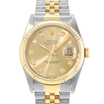 Rolex Datejust 36 16233 Wristwatch, Champagne Diamond Dial, Fluted Bezel, Jubilee Bracelet