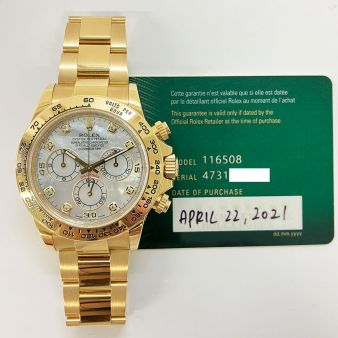Rolex Cosmograph Daytona 116508 Wristwatch, Oyster Bracelet, White Mother of Pearl Diamond Dial, Tachymeter Bezel