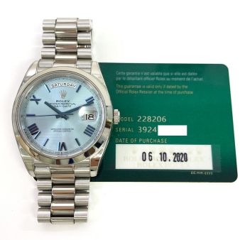Rolex Day-Date 40 228206 Wristwatch, President Bracelet, Ice Blue Quadrant Roman Dial, Smooth Bezel