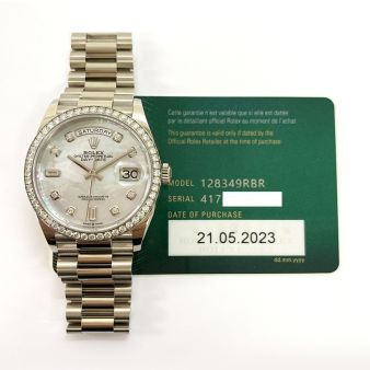 Rolex Day-Date 36 128349RBR, President Bracelet, Mother of Pearl Diamond Dial, Diamond Bezel