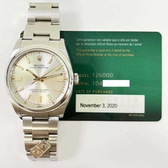 New Rolex Oyster Perpetual 36 126000 Wristwatch, Oyster Bracelet, Silver Dial, Smooth Bezel