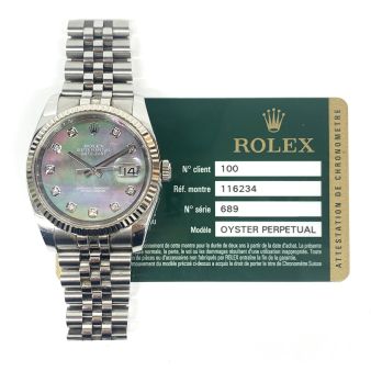 Rolex Datejust 36 116234 Wristwatch, Jubilee Bracelet, Black Mother of Pearl Diamond Dial, Fluted Bezel
