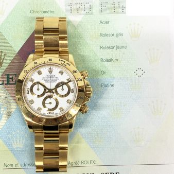 Rolex Cosmograph Daytona Yellow Gold White Diamond 116528 Watch Chest