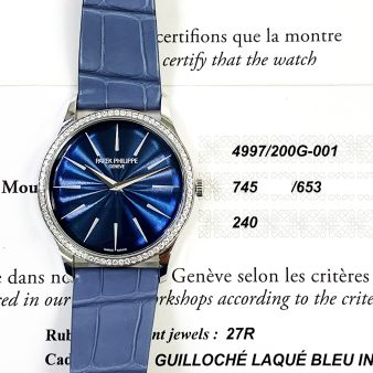 2022 Patek Philippe Calatrava 4997/200G-001, 35mm, White Gold, Blue Dial, Box & Papers