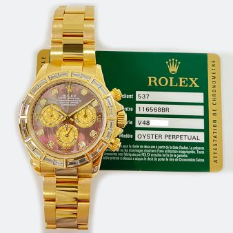 Rolex Cosmograph Daytona Yellow Gold Black Mother of Pearl Diamond Dial, Baguette Diamond Bezel Oyster Bracelet 116568BR