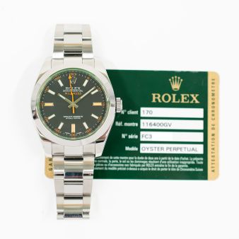 2014 Rolex Milgauss, 116400GV, 40mm, Steel, Green Crystal, Black Dial, Oyster Bracelet, Box & Papers
