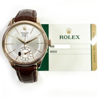 2016 Rolex Cellini Dual Time, 39mm, Rose Gold, Silver Guilloche Dial, 50525, Box & Papers