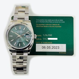 Rolex Datejust 36 126200 Wristwatch, Mint Green Dial, Oyster Bracelet, Smooth Bezel