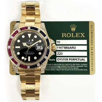 2011 Rolex GMT-Master II 116758SARU, 40mm, Yellow Gold, Sapphire, Ruby, & Diamond Bezel, Box & Papers