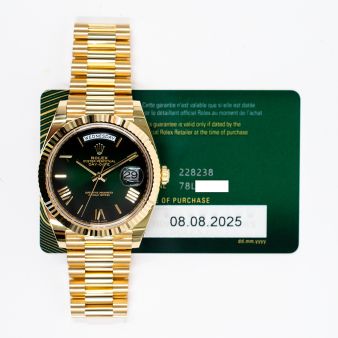 2025 Rolex Day-Date 40, 228238, Yellow Gold, Green Roman Dial, President Bracelet, Box & Papers
