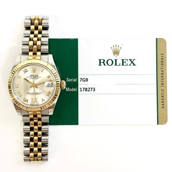 2019 Rolex Datejust 31, Stainless Steel & Yellow Gold, Silver Roman VI Diamond Dial, 178273, Box & Papers