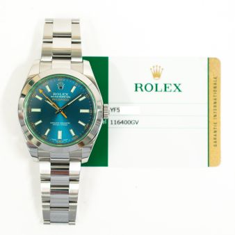 2015 Rolex Milgauss, 116400GV, 40mm, Steel, Z-blue Dial, Green Crystal, Oyster Bracelet, Box & Papers