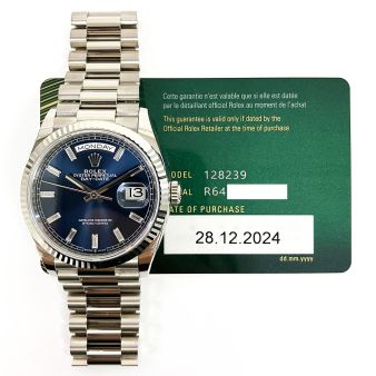 2024 Rolex Day-Date 36 128239, President Bracelet, White Gold, Blue Ombre Diamond, Box & Papers