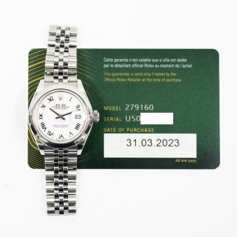 2023 Rolex Lady-Datejust, 279160, 28mm, Steel, White Roman, Jubilee Bracelet, Box & Papers