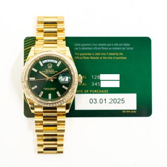 2025 Rolex Day-Date 36, 128398TBR, Yellow Gold, Green Baguette Diamond, President Bracelet, Box & Papers