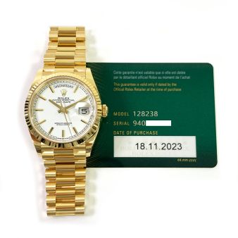 New Rolex Day-Date 36 128238 Wristwatch, President Bracelet, White Index Dial, Fluted Bezel
