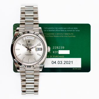 2021 Rolex Day-Date 40, 228239, White Gold, Silver Stripe Index, President Bracelet, Box & Papers