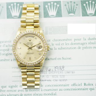 1988 Rolex Day-Date 36, 18048, Yellow Gold, Champagne Diamond Dial, President Bracelet, Box & Papers