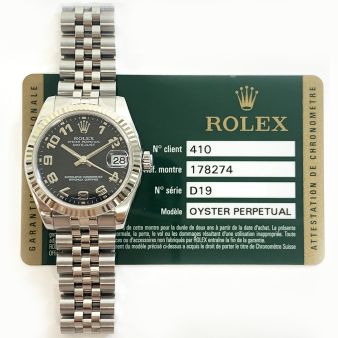 2007 Rolex Datejust 31, Stainless Steel & White Gold, Black Arabic Dial, 178274, Box & Papers