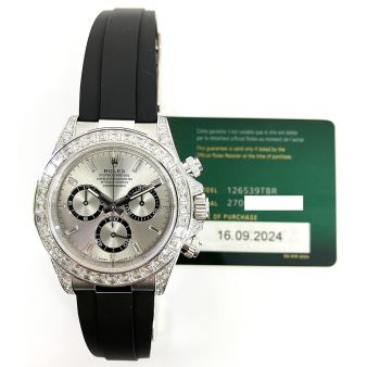 2024 Rolex Cosmograph Daytona, 40mm, White Gold, Steel Baguette Diamond Dial, Diamond Bezel, Diamond Set Lugs,126539TBR, Box & Papers